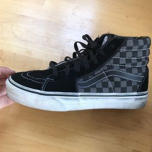 BLACK AND GREY HIGH TOP CHECKERED VANS
